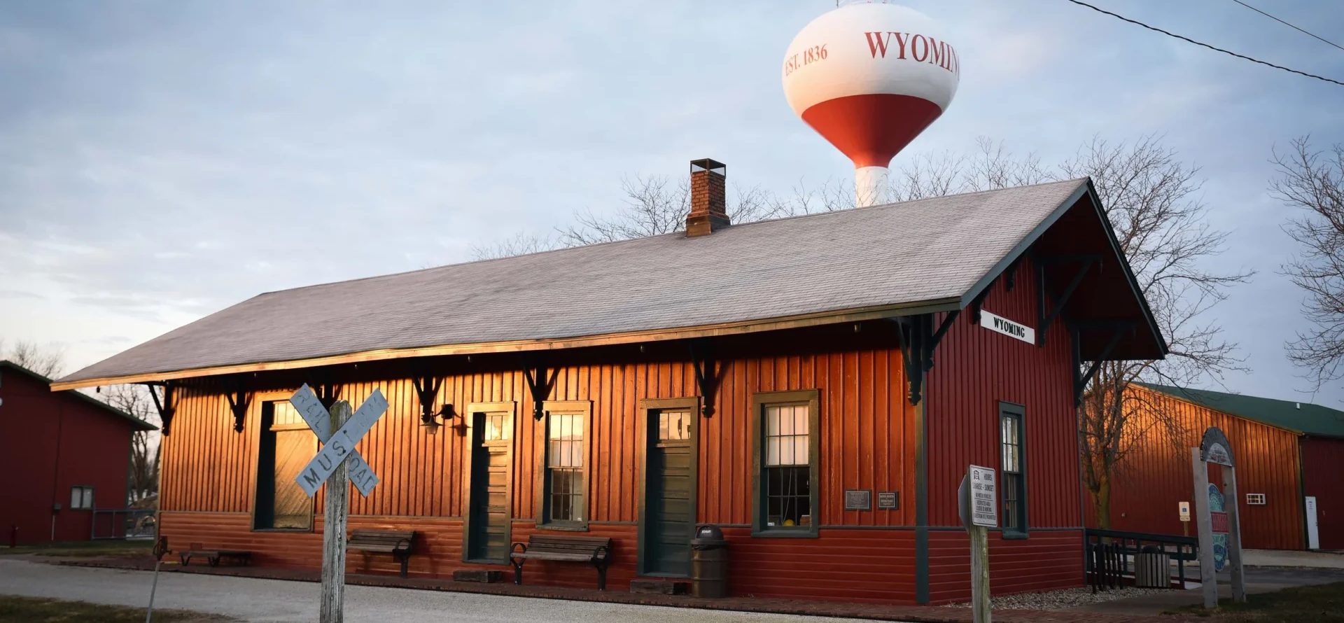 Vintage railway building and water tower