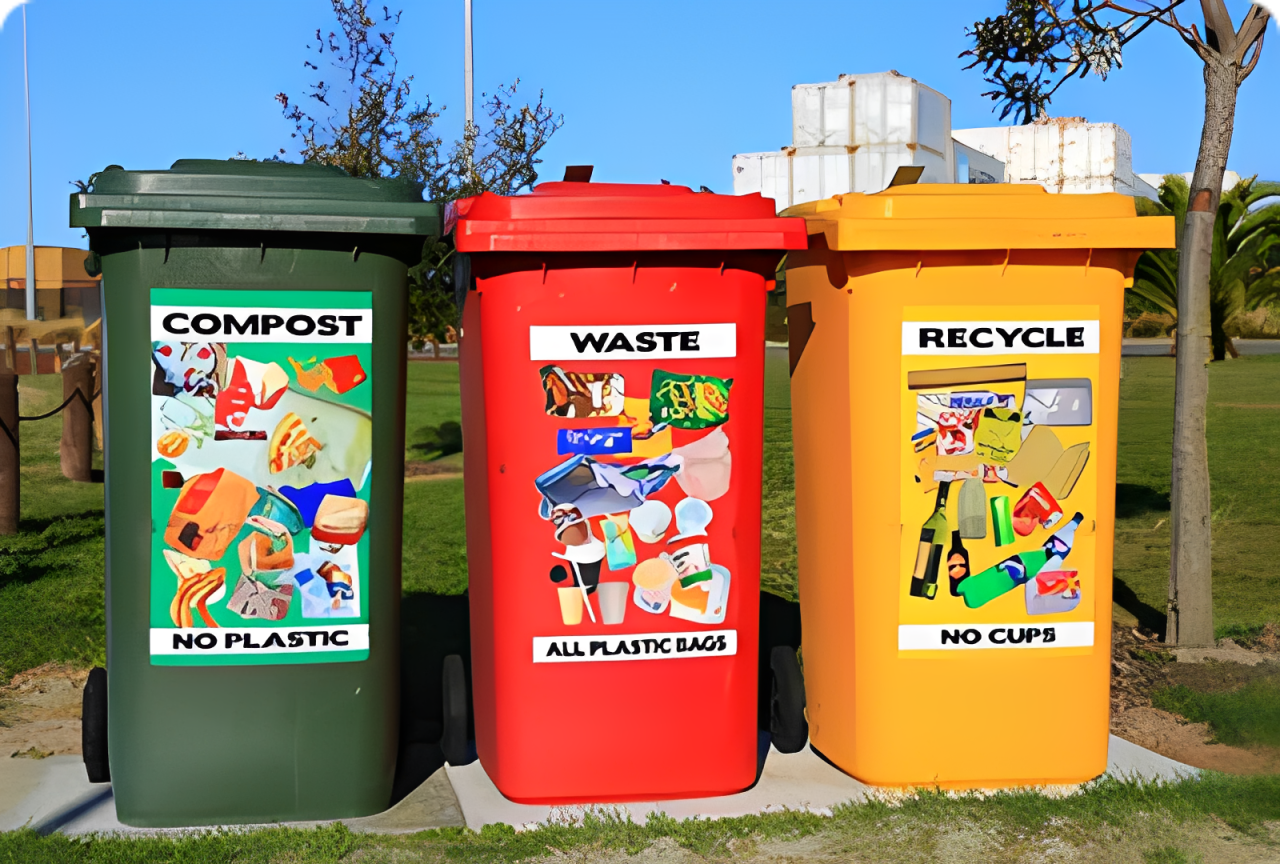 Green, red, yellow bins for recycling