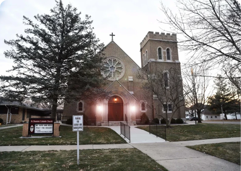 Brick church with a rose window