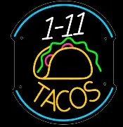 Neon taco sign reading "1-11 TACOS"