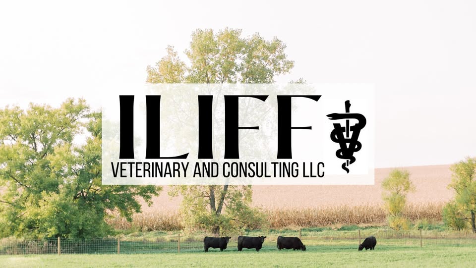 Veterinary company logo over pasture with cows