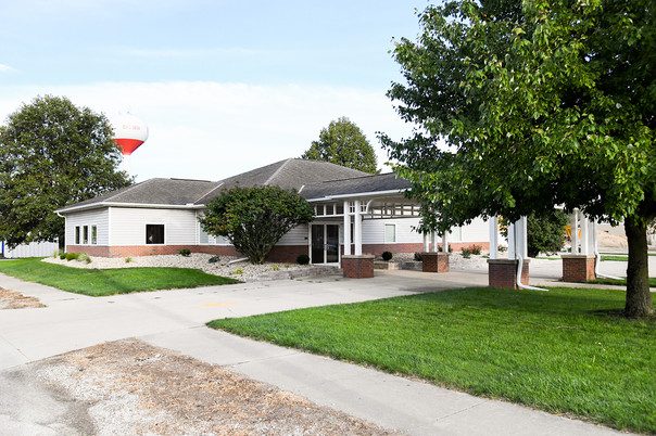 Single-story community building with covered entrance
